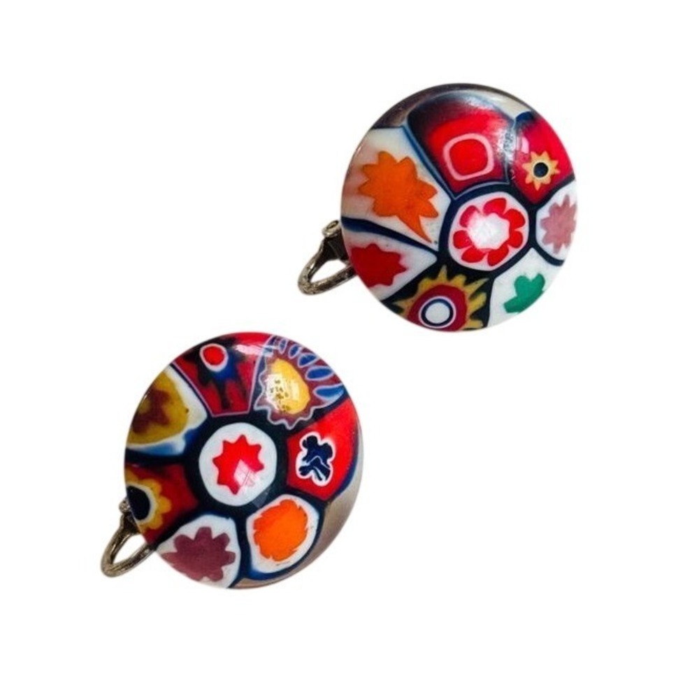 VTG Italy Round Earrings Button Glass Venetian Murano colorful Floral Millefiori